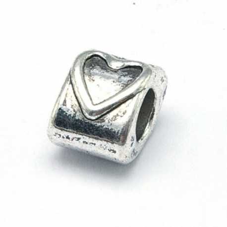 DQ metaal, leerschuiver, zilver, hart, 7 x 10 mm, rijggat 4 mm (5 st.)