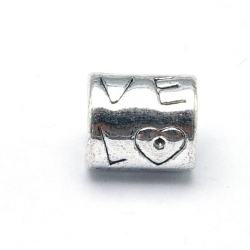 DQ metaal, leerschuiver, zilver goud, LOVE, 9 x 8 mm, rijggat 4,5 mm (5 st.)