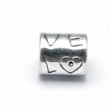 DQ metaal, leerschuiver, zilver goud, LOVE, 9 x 8 mm, rijggat 4,5 mm (5 st.)