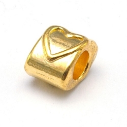 DQ metaal, leerschuiver, goud, hart, 7 x 10 mm, rijggat 4 mm (5 st.)
