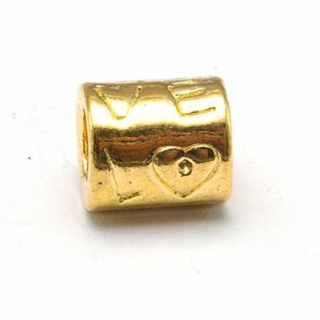 DQ metaal, leerschuiver, goud, LOVE, 9 x 8 mm, rijggat 4,5 mm (5 st.)