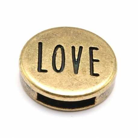 DQ leerschuiver, antique goud, LOVE, 18 mm, opening 10 x 2 mm (1 st.)